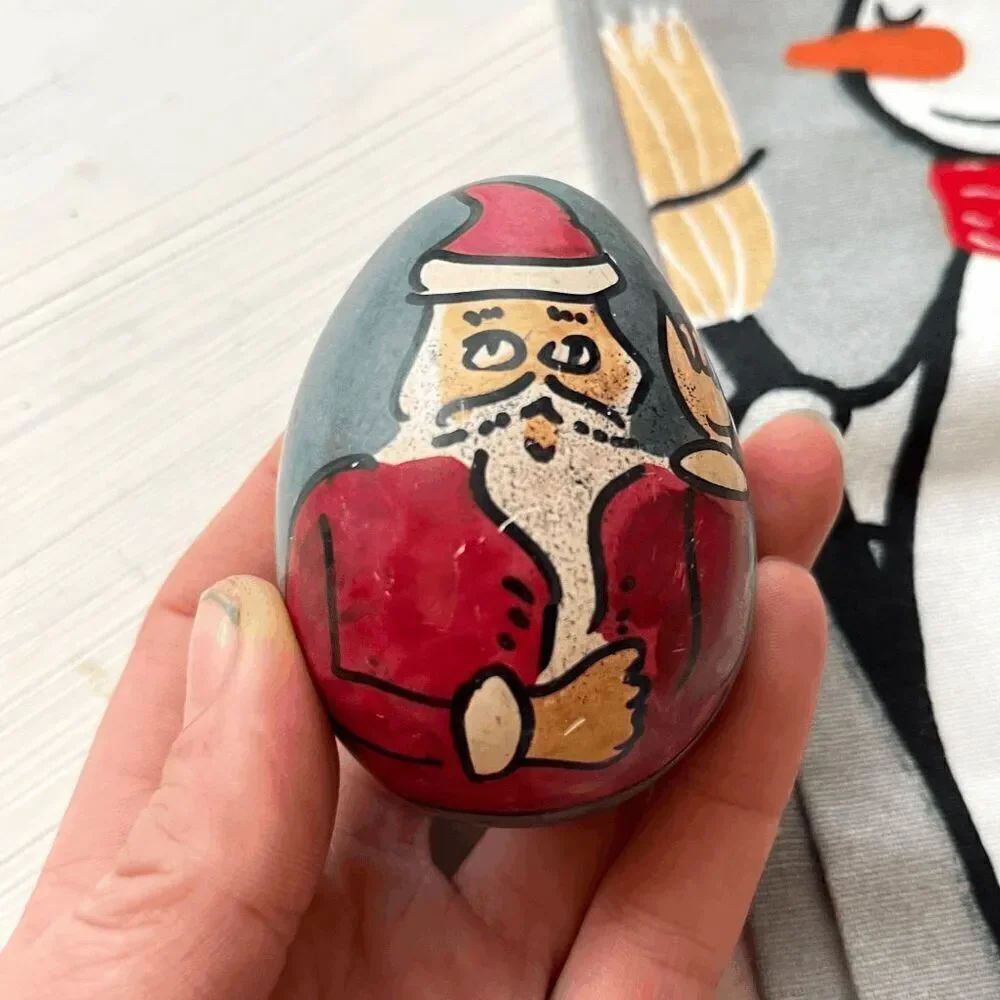 Hand-Painted Santa Stone Egg & Threshold Snowman Tea Towel Set